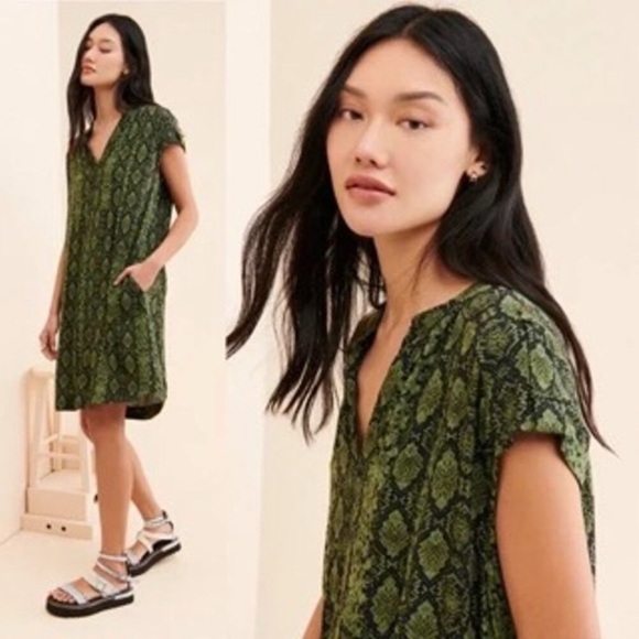 Anthropologie Olive Patterned V-Neck Dress - Picture 1 of 2